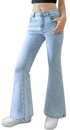 Happy Cherry Fille Pantalon Patte d'Elephant Enfant Jean Évasé Casual Pants avec Poches Décontractés 13-14 Ans