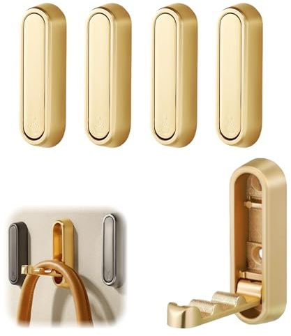 CMANLNYK 4Pcs Foldable Wall Hook for Hanging - Foldable Zinc Alloy Wall Coat Racks, Multi Functional Pressing Flip Folding Clothes Hook, Storage Door Hangers, Gold
