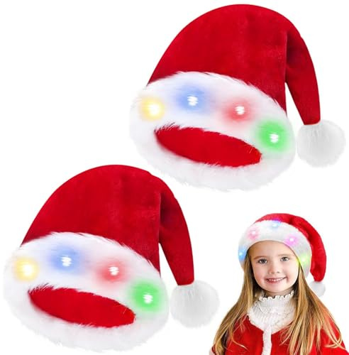 2 Stück LED Leuchtende Weihnachtsmütze,Nikolausmütze mit Leuchtendem,LED Weihnachtsmütze Erwachsene Kinder,Leuchtende Weihnachtsmann Mütze,Lichter Nikolausmütze Rot,für Weihnachten Neujahr(2 small)
