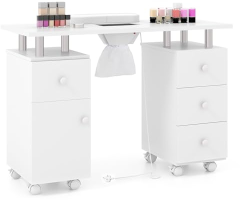 Multigot Professional Manicure Table, Mobile Nail Desk with Electric Dust Collector, 3 Dust Bags, Wrist Rest, Cabinet, 4 Drawers & 8 Lockable Wheels, Nail Art Workstation for Spa Salon (White)