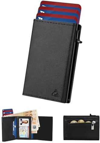 Porta Carte di Credito Uomo, Portafoglio Uomo Slim Piccolo con Chiusura Magnetica & Finestra ID & Blocco RFID, Portacarte in Pelle pop-up per 11 carte, Porta Tessere con Portamonete e Banconote, Nero