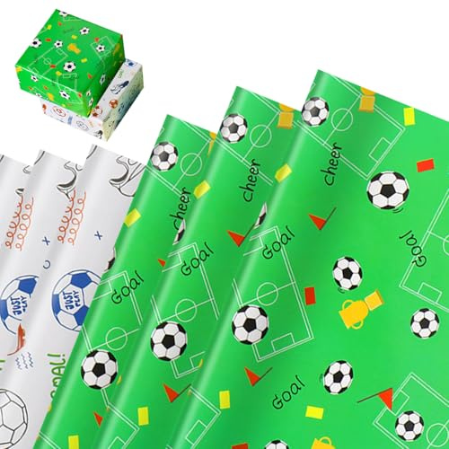 6 Blatt Geschenkpapier Rolle mit Fussball Design, Weihnachts Geschenke Papier Verpackung, Sportliches Gift Wrapping Paper, Tolles Geschenkideen für Fussballfans, Kinder, Jungen, Geburtstag (50x70cm)