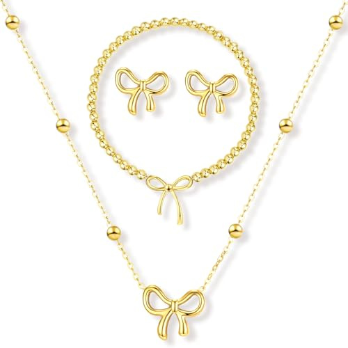 Dormklss Bow Necklace Earrings Bracelet Gold Jewelry Set