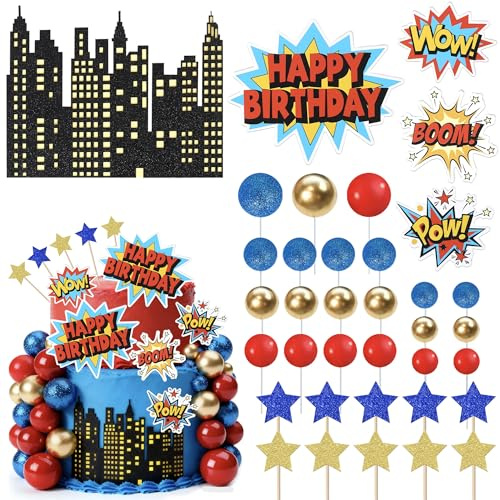 Xsstarmi Superhero Birthday Cake Topper Decorations with Star Balls Super Pow Boom Cake Pick for Baby Shower Kids Boys Birthday Party DIY Cake Decorations Supplies