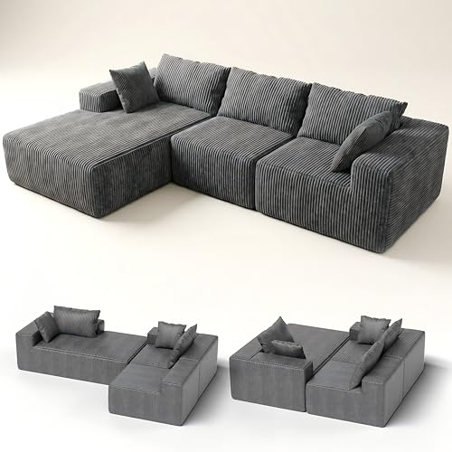RUMMY Modulsofa in L-Form aus Cord, Boneless Cloud-Style Ecksofa mit hochresistentem Schaumstoff, tiefem Sitzkomfort und montagelosem Design für Wohnzimmer oder Schlafzimmer Grau