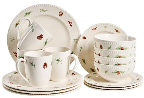 Vajilla de 16 piezas de porcelana hecha a mano con acabado de esmalte reactivo motivo Navidad blanco Marjoram