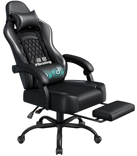 Yaheetech Silla Gaming con Respaldo Alto Almohada Lumbar de Masaje Silla de Escritorio Ergonómica Ajustable en Altura con Reposacabezas Extraíble Reposapiés Función de Inclinación Negro