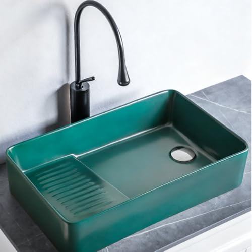 Lavatoio da Incasso per Lavanderia, Lavello Bagno in Ceramica con Asse, Lavabo Bagno Rettangolare con Rubinetto, Scolapiatti e Tubo di Scarico per WC, Balconi(Green)