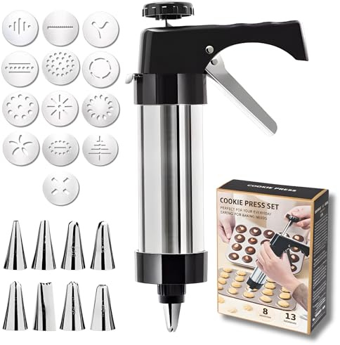 Cookie Press Kit Stainless Steel with 13 Discs Membranes & 8 Piping Tips | Cookie Press Gun for Baking & Decorating Cookies | DIY Cookie Maker| Manual Included| Spritz Cookie Press Gun