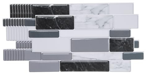 sourcing map 10 azulejos autoadhesivos para salpicaduras de 9.4 x 4.7 pulgadas, textura de mable gruesa 3D, papel tapiz autoadhesivo para pared, cocina, baño, dormitorio, negro, blanco y gris