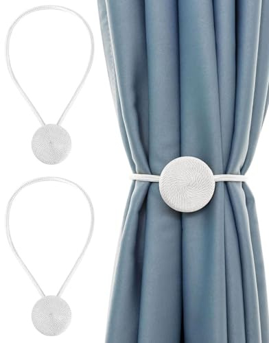 WUNZILO 2 pcs alzapaños magnéticos para cortinas, clips de cuerda, sujeta cortinas, curtain tiebacks, soportes de cortina, hebillas de soporte de tela para el hogar, oficina, dormitorio, Blanco