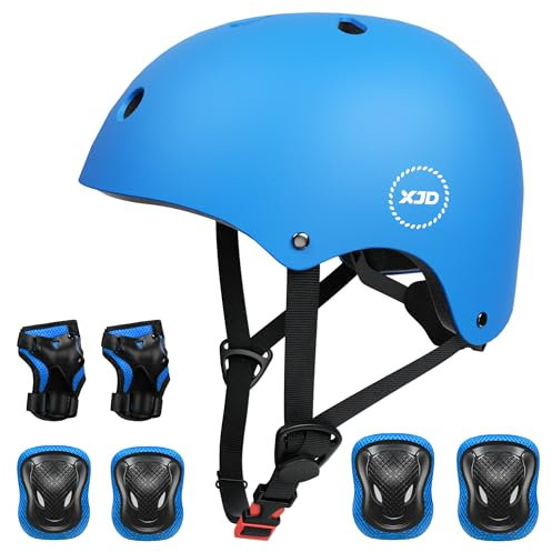 XJD Fahrradhelm Kinder Schoner Set(7er) Kinder Helm mit Knie- & Ellenbogen- & Handgelenkschützer Verstellbarer Schutz Jugend Skaterhelm für 3-13 Jahre Alt (Blau Set, S: 51-54 cm)