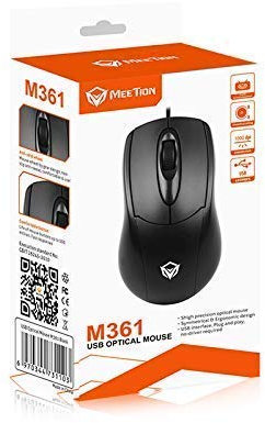 MEETION MT-M361 Raton Optico de Oficina con 3 Botones, Cable USB, resolución de 1000dpi, Ideal para Uso con ambas Manos, Negro
