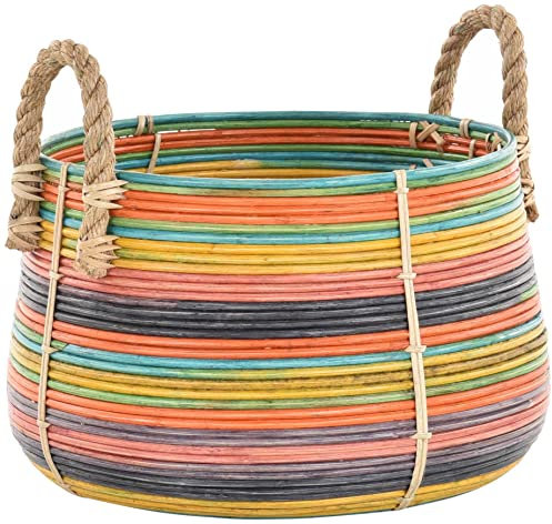 Retro-Design Dekokorb/Tragekorb, Aufbewahrungskorb mit Seil-Griffen/Flechtkorb aus Natur Rattan/Holzkorb, Korb Box Henkel Aufbewahrung (Bunt)