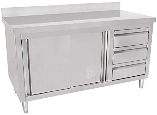 Beeketal 'BAS140-70R' Gastro Edelstahl Küchenschrank mit 3 Schubladen (rechts), 2 Rolltüren und 4 verstellbaren Standfüßen, Küchen Arbeitsplatte mit 10 cm Aufkantung - (L/B/H) ca. 1400 x 700 x 950 mm