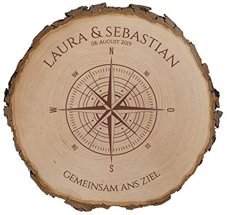 Baumscheibe mit Gravur - Liebes Kompass zur Hochzeit oder Jahrestag | Personalisiert | aus Echtholz | Koordinaten (18-20 cm Durchmesser)