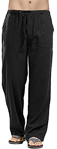 VANVENE Pantalones de lino para hombre, informales, holgados, ligeros, con cintura elástica, para verano, yoga, playa, Negro, 5XL