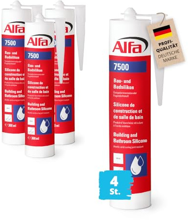 4x Alfa Sanitärsilikon Weiß Bausilikon witterungs- und UV-beständiger Badsilikon Fugendichtstoff für Innen- und Außenbereich