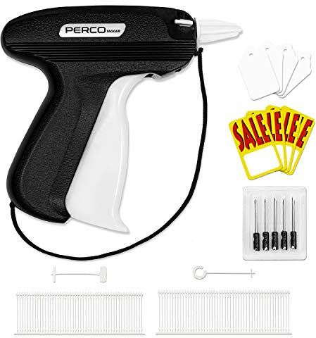 Perco Tagging Gun for Clothing - Tag Attacher Kit for Retail, Office, Warehouse and Yard Sale Labeling and Pricing with Extra Needles, Sale & White Tags, Plastic Barbs & J Hook Fasteners (Tag Gun Kit)