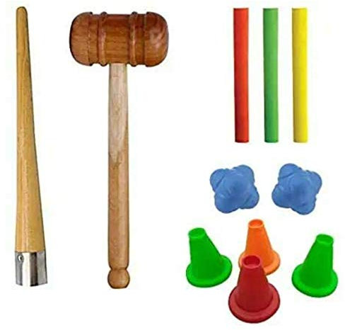 Kalindri Sports Cricket Accessories Equipment Set of Wooden Knocking Mallet Hammer, Cricket Bat Grip Cone, 3 Bat Grips, 2 Reaction Ball and 4 Batting Tee