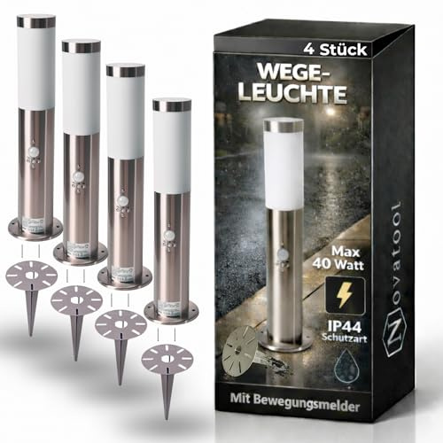 Novatool 4x Wegeleuchte I 45 cm I mit Bewegungsmelder I mit Erdspieß I Edelstahl I IP44 I E27 Sockel I Wegebeleuchtung aussen Aussenleuchten Garten Standleuchte Terassenleuchte Gartenleuchte