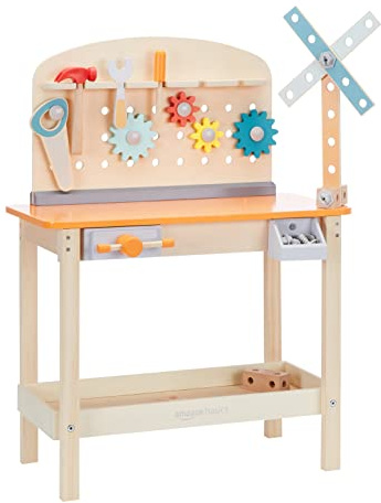 Amazon Basics Wooden Play Toy Tool Set and Workbench for Toddlers, Preschoolers, Children Age 3+ Years, 15.6D x 22.8W x 30.7H, Multicolor