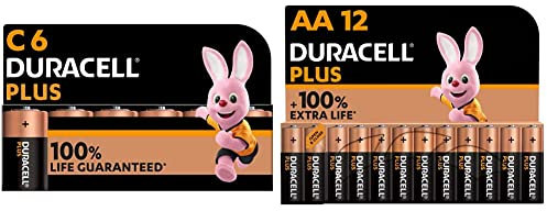 Duracell Plus C Alkaline Batteries [Pack of 6], 1.5V LR14 MN1400 & Plus AA Alkaline Batteries [Pack of 12], 1,5V LR6 MN1500