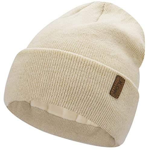 Damen Herren Winter Warm Beanie Mütze Strickmütze Slouchy Thermo Wintermütze Cuffed Skull Cap mit Fleece Gefütterte Frauen Geschenk, Beige, Einheitsgröße