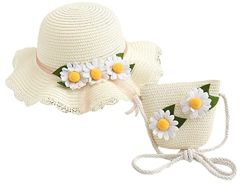 rismart Småbarn flicka sommar halm brett brätte strandhatt med blomma och axelväska väska, Krämig vit – vit blomma, 4-10 År