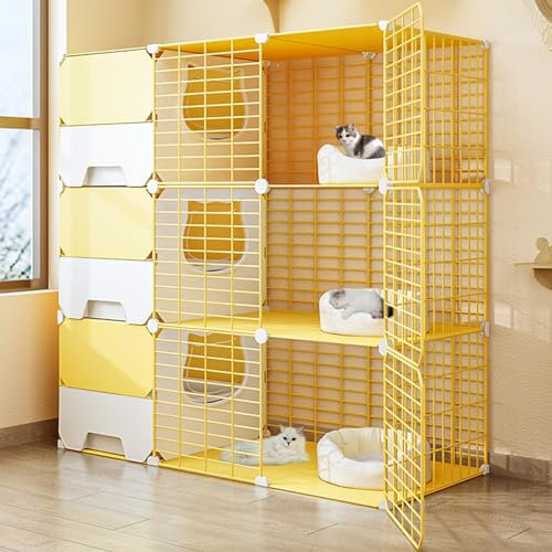 SIDID Groß Katzenkäfig XXL Indoor mit Katzenklo, 2/3 Stöckiger Katzengehege Abnehmbare, Zusammenklappbarer Haustierkäfig für Katzen, Ideal für 1-2 Katzen(Yellow,105x45x105cm)