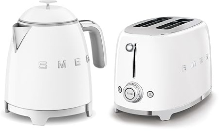Smeg 50’s Style Retro Range Breakfast Set, 0.8L 1400W Mini Kettle and Multi-Functional Control 2-Slice 950W Toaster, White, KLF05WHUK/ TSF01WHUK