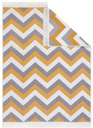TAPISO Azteca Teppich Kurzflor mit Fransen Baumwolle Waschbar Beidseitig Anwendbar Creme Grau Orange Zig Zag Wohnzimmer Schlafzimmer Küche ÖKOTEX 80 x 200 cm