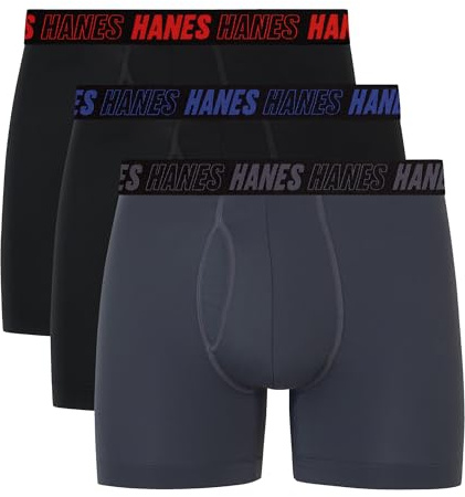 Hanes Moves Performance - Calzoncillos Tipo bóxer para Hombre, Bolsa de Apoyo Total, Regular, baúl y Pierna Larga, Paquete de 3, Gris/Negro, Large