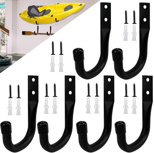 HEKOBAG J-Haken für Garage 6 Stk Wandhaken Garage Gerätehaken Wand Leiterhaken Garagen Schwerlasthaken Schwarz Garagenhaken Aufbewahrungshaken Gartengeräte mit Schrauben für Fahrrad (11x7cm)