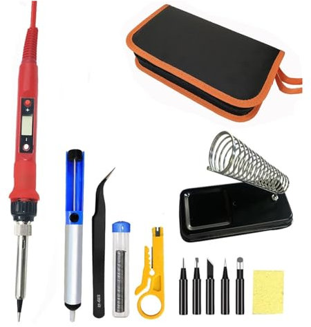 MZZYG Kit de Soldador Juego De Soldador Eléctrico Digital De 80W, Estación De Soldadura De Hierro con Puntas De Fundente De Pasta De Soldar, Bolsa De Herramientas con Soporte(80W Red set2)