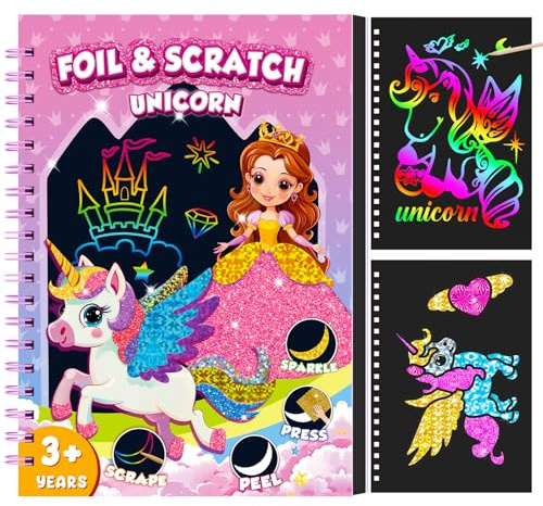 CutteeyFyry Folienspaß FüR Kinder,Einhorn Folienspaß &Scratch Painting Kunst Set 2-In-1,Foil Art Bastelset FüR Kinder Alter 3-10,Geburtstag Weihnachten Reise Spielzeug Geschenk FüR MäDchen