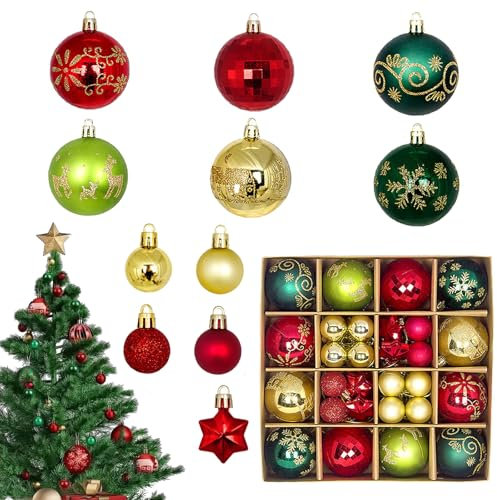44 Stück goldene, bruchsichere runde Weihnachtsbaumkugel-Ornamente – klassische hängende Dekorationen mit verschiedenen Anhängern für 2024 Weihnachtsbaum, Zuhause, Party-Dekorationen (Gold & Rot &