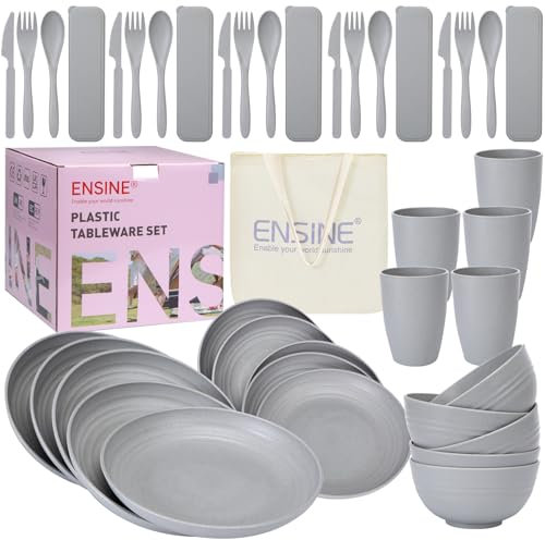 ENSINE Set di stoviglie da campeggio, in plastica di alta qualità, infrangibile, per 5 persone, leggero e portatile, ideale per campeggio, attività all'aperto e picnic. (grigio)