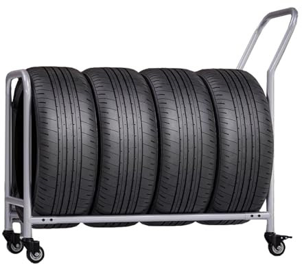 Reifenregal Rollendes Reifenregal auf Rädern für Sattelschlepper, 2-in-1-Hochleistungs-Reifenständerdisplay, Transportwagen für Reifen und Felgen mit Grauem Boden für Autowerkstatt, Garage