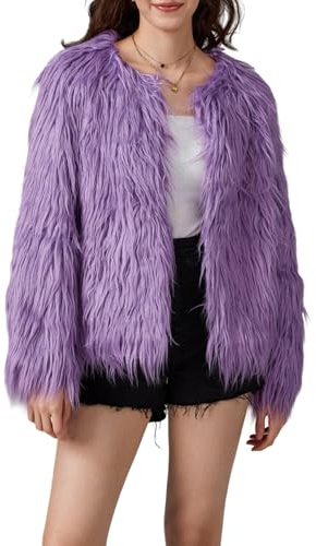 Manteau en fausse fourrure pour femme, uni, ouvert sur le devant, manches longues, poches, veste courte en polaire chaude à poils longs pour l'hiver, violet, XL
