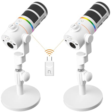 COMICA D10 Pro D Combo XLR USB Dynamisches Mikrofon mit Empfänger-Desktop-Mikrofonständer für Gaming/TikTok/Podcast-Aufnahmen, unterstützt RGB-Licht-Stummschalttaste für PC,Smartphone,Computer (weiß)
