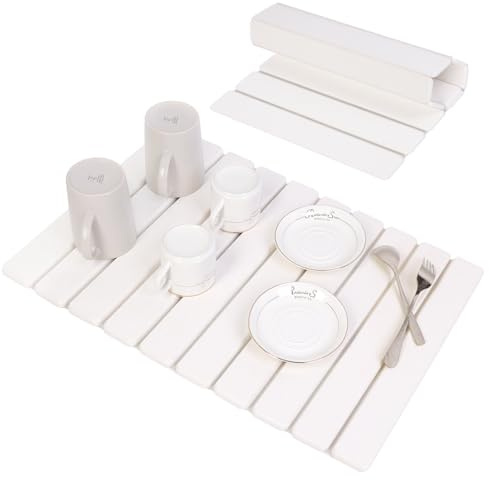 BoxedHome Große Stein-Abtropfmatten für Küchentheke, 60x40cm Wasserabsorbierende Kieselgur Matte Küche, Abtropfmatte Geschirr, Faltbare Spülbeckenmatte Abtropfmatte (Weiß)