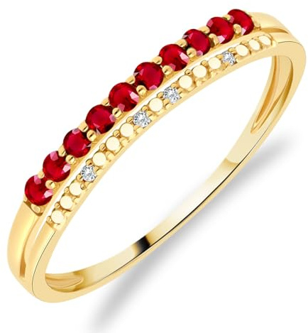 Planetys - Damenring aus Gelbgold 375/1000 mit Edelsteinen aus 10 natürlichen Rubinen und 4 natürlichen Diamanten