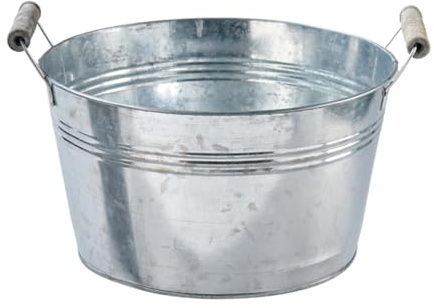 itsisa Zink Wanne rund, Zinkschale mit Holzgriffen 35x18,5 cm - als Mini Teich Balkon Terrasse, Deko Wanne Garten, Blumenschale, Zinkwanne