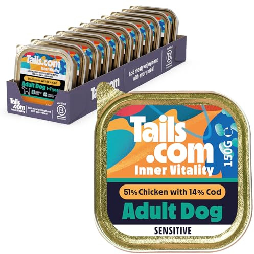 Tails.com • Wet Dog Food 11 x 150g • Sensitive Chicken & Cod • Adult 1-7 years • Grain Free Recipe • Made with natural ingredients • Contains Omega 3 to Support Skin and Coat