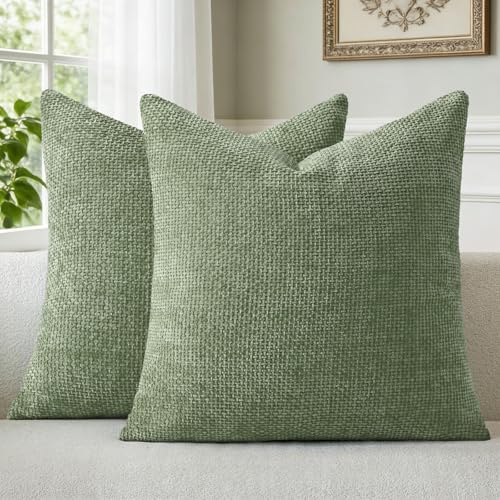 a moment Kissenbezug 50x50 Grün Chenille 2er Set Dekokissen Kissenbezüge | Sofakissen Zierkissen Couchkissen Muster Deko Waschbar Flauschig Dekorative Kissenhülle für Sofa Wohnzimmer Schlafzimmer