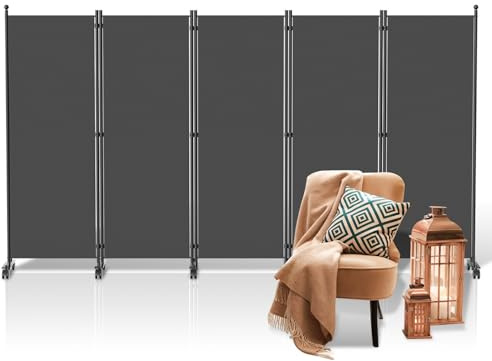 ISOISL Paravent, Raumteiler klappbar auf Rollen 5-teilig 284x181 cm, Wetterfester Paravent für Büro Garten Balkon Terrasse innen- Anthrazit