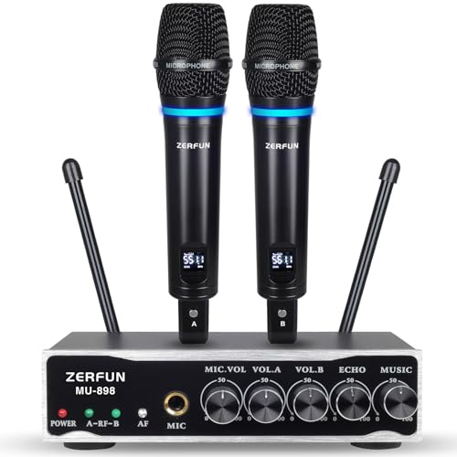 ZERFUN 2-K wiederaufladbares kabelloses Mikrofonsystem, Pro UHF Metall Handheld Wireless Mikrofone Schnurlose Mikrofone mit Echo Bluetooth VOL Kanalsteuerung für Karaoke Singing Church (MU-898)