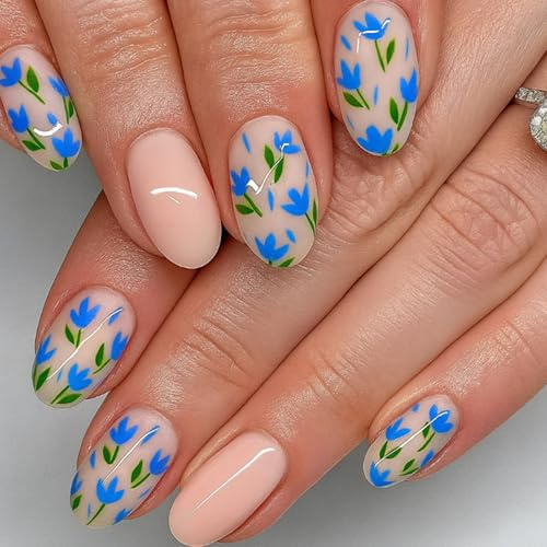 24PCS Blue Floral Press On Nails - Short Oval False Nails with Hand-Painted Blossoms, Lightweight Set for Women French Tip vibrant Blue Flowers and Green Leaves Art Elegant