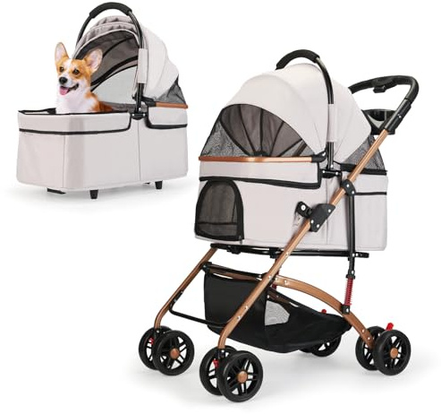 3-in-1 Foldable Pet Stroller for Medium Dogs & Cats up to 50lbs – Detachable Carrier & Car Seat with Storage Basket, 5” Lockable Wheels – All-Terrain Design for Jogging, Walking, and Travel (Grey)